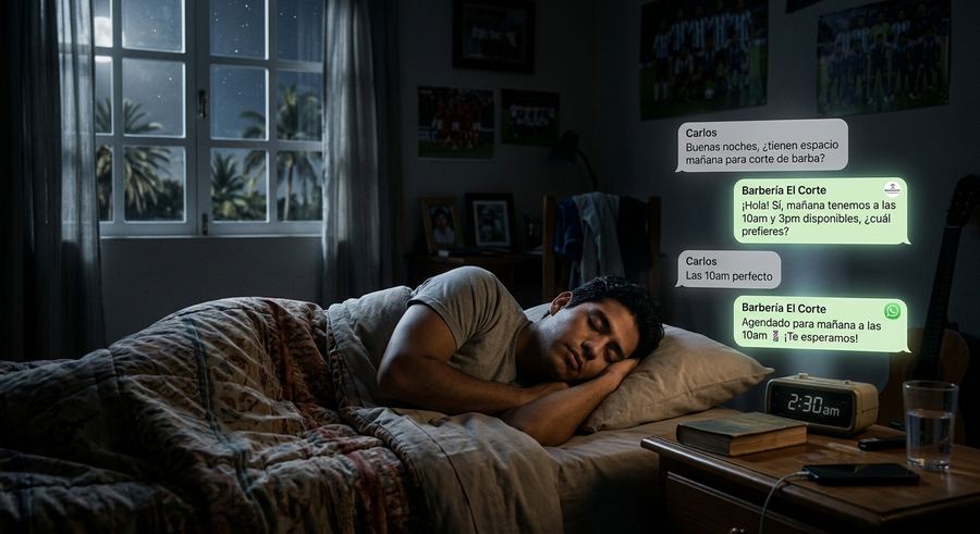 Barbero descansando tranquilo mientras su asistente confirma una cita por WhatsApp