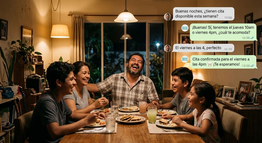 Familia cenando junta mientras el consultorio dental confirma una cita por WhatsApp