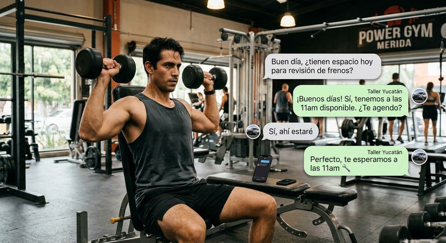 Dueño de un taller mecánico entrenando en el gimnasio mientras su asistente agenda una revisión por WhatsApp