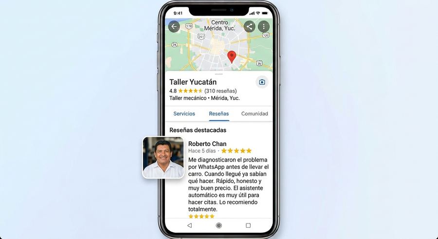 Reseña de 5 estrellas en Google mencionando la rapidez del asistente de WhatsApp de un taller mecánico