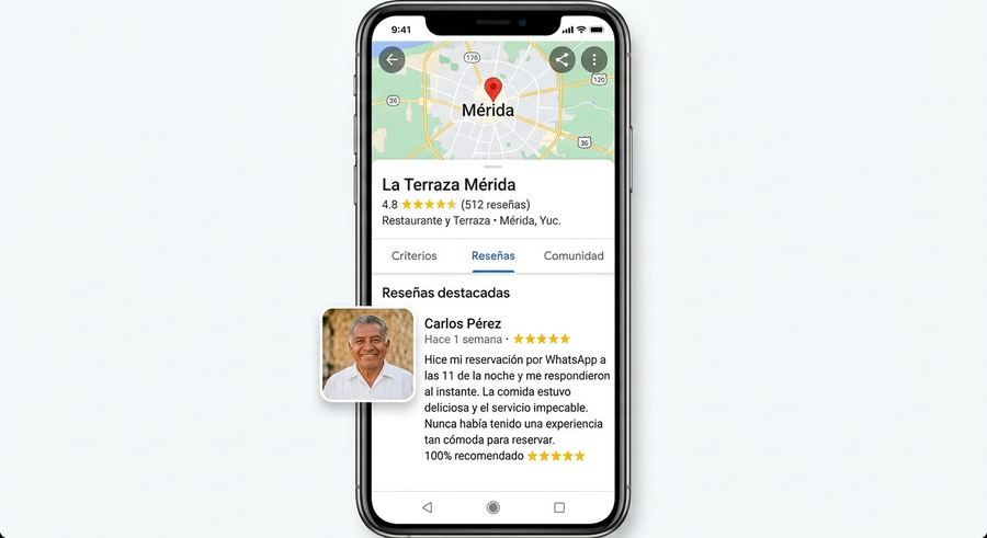 Reseña de 5 estrellas en Google mencionando la rapidez del asistente de WhatsApp de un restaurante