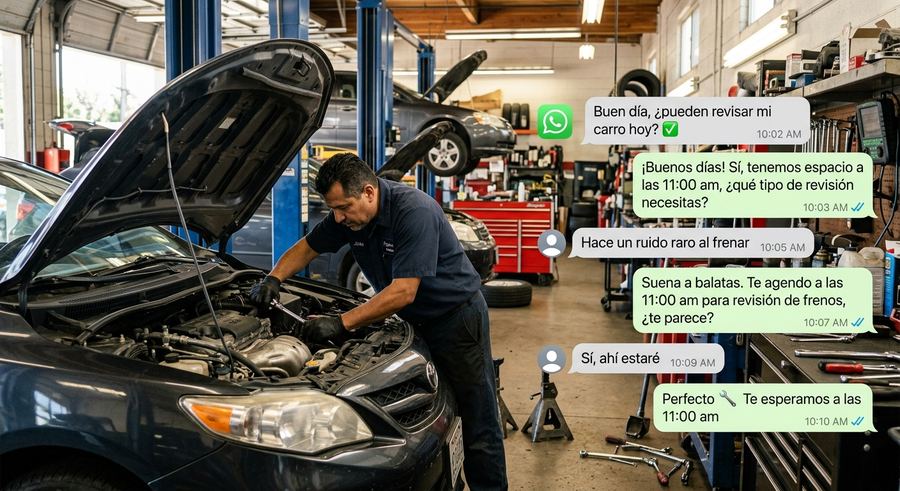 Conversación de WhatsApp automatizada agendando una revisión en un taller mecánico